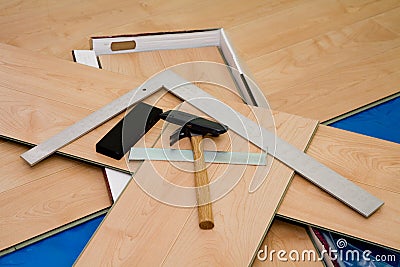 DIY project: laminate floor and tools used Stock Photo