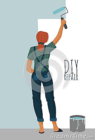 DIY repair. Woman painting a wall with a paint roller. Cute vector illustration. Vector Illustration