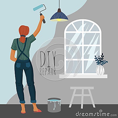DIY repair. Woman painting a wall with a paint roller in room. Cute vector illustration. Vector Illustration