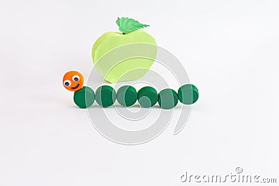 DIY summer craft for kids, how to make caterpillar from plastic bottle cap, homemade handicraft, Stock Photo