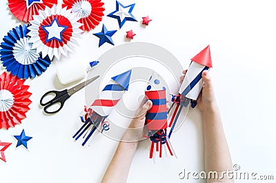 Diy 4th of July decor color American flag. children craft Stock Photo