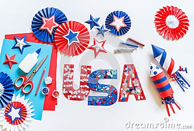 Diy 4th of July decor USA letters color American flag. Children craft Stock Photo