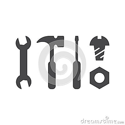 Diy tools black vector icon set. Hammer, bolt, nut, spanner and screwdriver. Vector Illustration