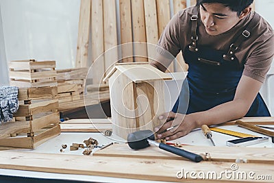 DIY woodworking and furniture making and craftsmanship and handwork concept Stock Photo