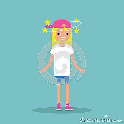 Dizziness conceptual illustration. Young blond girl with stars spinning around her head Vector Illustration