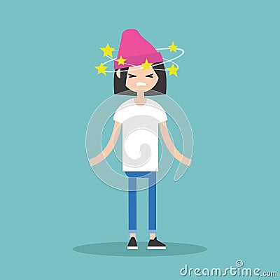 Dizziness conceptual illustration. Young brunette girl with star Vector Illustration