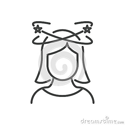 Dizziness, Migraine, Headache, Distracted Head Linear Pictogram. Front View. Woman Feel Dizzy Line Icon. Tired Woman Vector Illustration