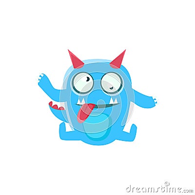 Dizzy Blue Monster With Horns And Spiky Tail Vector Illustration