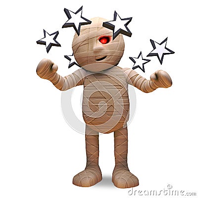 Dizzy Egyptian mummy monster can see stars, 3d illustration Cartoon Illustration