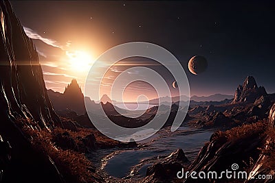 dizzying fly-through of exoplanet's breathtaking and alien landscape Stock Photo