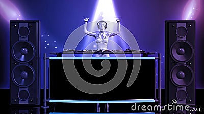 DJ android, disc jockey robot with hands up playing music on turntables, cyborg on stage with deejay audio equipment, front view Stock Photo