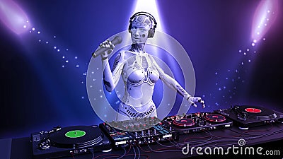 DJ android, disc jockey robot with microphone playing music on turntables, cyborg on stage with deejay audio equipment, close up Stock Photo