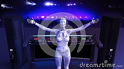 DJ android, disc jockey robot pointing and playing music on turntables, cyborg on stage with deejay audio equipment, 3D render Stock Photo