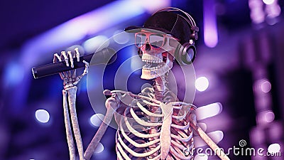 DJ Bones, human skeleton with microphone and hat playing music on turntables, skeleton with disc jockey audio equipment Stock Photo