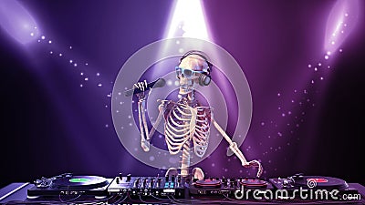 DJ Bones, human skeleton with microphone playing music on turntables, skeleton with disc jockey audio equipment, front view Stock Photo