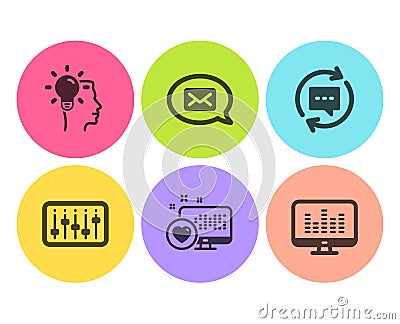 Dj controller, Idea and Update comments icons set. Messenger, Heart and Music making signs. Vector Vector Illustration