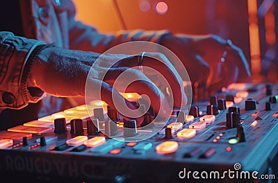 dj finger, hand and hand working on fx equipment and control Stock Photo