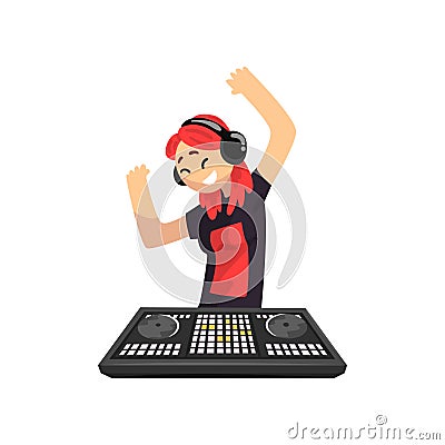 DJ girl in headphones playing track and dancing, young woman mixing music on mixer console deck vector Illustration on a Vector Illustration