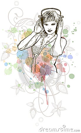 DJ girl & music colors mix - floral ornament Vector Illustration