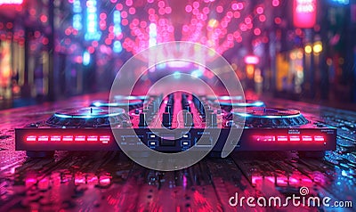 Dj mixer with two turntables on wooden background with neon lights Stock Photo