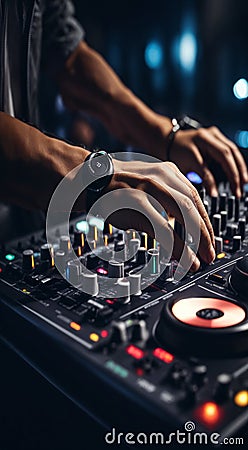 dj mixing music mixer, dj mixing music, dj at work, close-up of hands dj mixing music, close-up of dj mixer Stock Photo