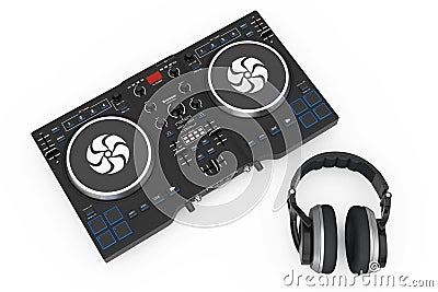 DJ Mixing Turntable with Headphones. 3d Rendering Stock Photo