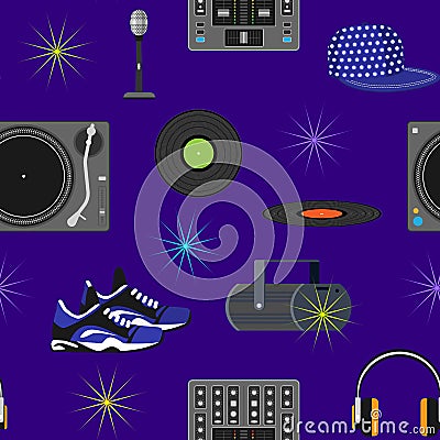 DJ music discjockey playing disco on turntable sound record set with headphones and players audio equipment for playback Stock Photo