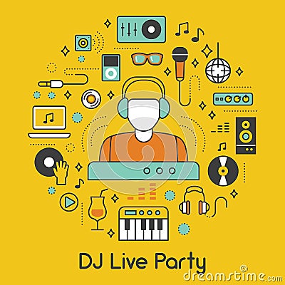 DJ Music Party Line Art Thin Icons Set with Musical Instruments Vector Illustration