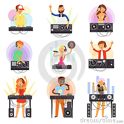 DJ music vector discjockey people character playing disco on turntable sound record in nightclub set of jockey boy girl Vector Illustration