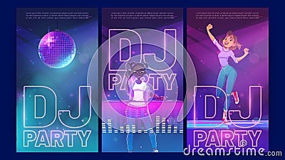 Dj party cartoon invitation posters, dancing fest Vector Illustration