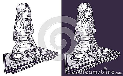 DJ party girl monochrome sticker Vector Illustration