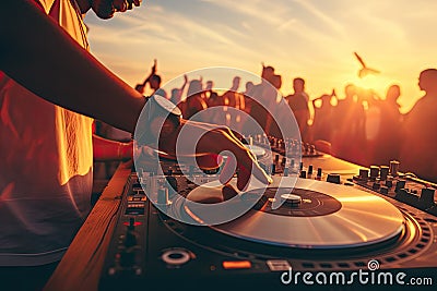 Dj Party at Sunset Beach, Summer Vacation Outdoor, Disc Jockey Hands Playing, Generative AI Illustration Stock Photo