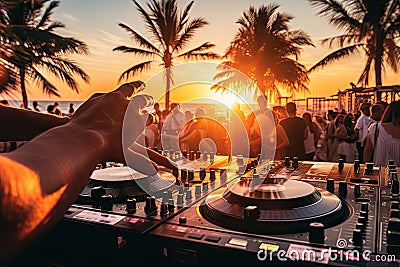 Dj Party at Sunset Beach, Summer Vacation Outdoor, Disc Jockey Hands Playing, Generative AI Illustration Stock Photo