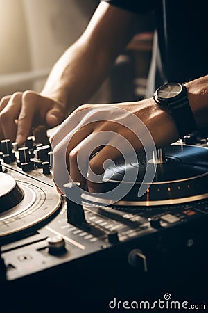 Dj playing disco house progressive electro music AI generated Stock Photo