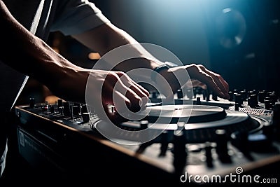 Dj playing disco house progressive electro music AI generated Stock Photo