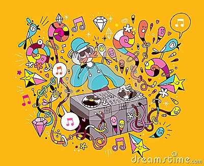 DJ playing mixing music on vinyl turntable cartoon illustration Vector Illustration