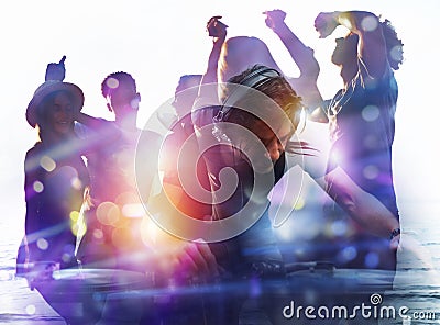 DJ playing music at the discotheque. Double exposure Stock Photo