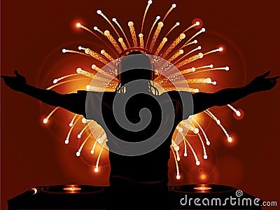 DJ record decks and fireworks background Stock Photo