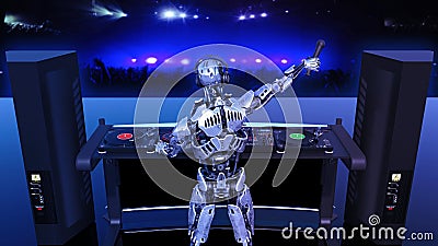 DJ Robot, disc jockey cyborg with microphone playing music on turntables, android on stage with deejay audio equipment, back view Stock Photo