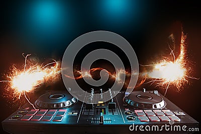 DJ sound equipment at nightclubs and music festivals, EDM, future house music and so on. Parties concept, sound technique. Stock Photo