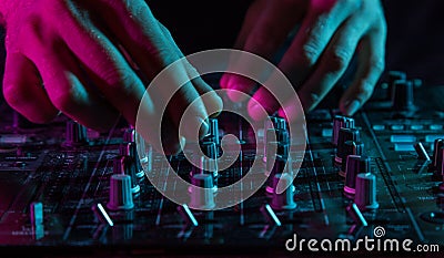 DJ sound equipment at nightclubs and music festivals, EDM, future house music and so on. Parties concept, sound technique. Stock Photo