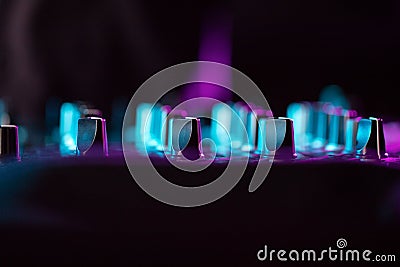 DJ sound equipment at nightclubs and music festivals, EDM, future house music and so on. Parties concept, sound technique. Stock Photo