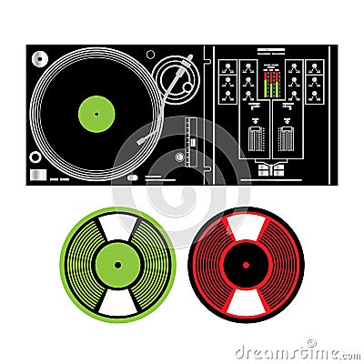 DJ Turntable and Vinyl Records Vector Illustration