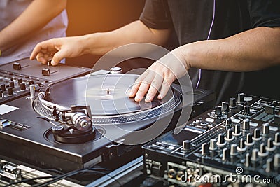 DJ with Turntables Music entertainment Event Stock Photo