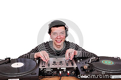 Dj with turntables posing Stock Photo