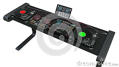 DJ turntables stand, sound mixers and audio recording equipment, disc jockey music instruments isolated on white background Stock Photo