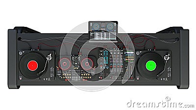 DJ turntables stand with sound mixers and recording audio equipment, disc jockey music instruments isolated on white background Stock Photo