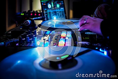 DJ vinyl players in dark nightclub, party in the dance club Editorial Stock Photo