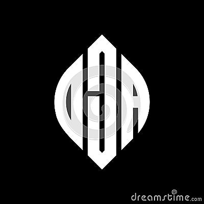DJA circle letter logo design with circle and ellipse shape. DJA ellipse letters with typographic style. The three initials form a Vector Illustration