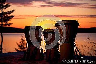 djembe drums silhouette against a sunset Stock Photo